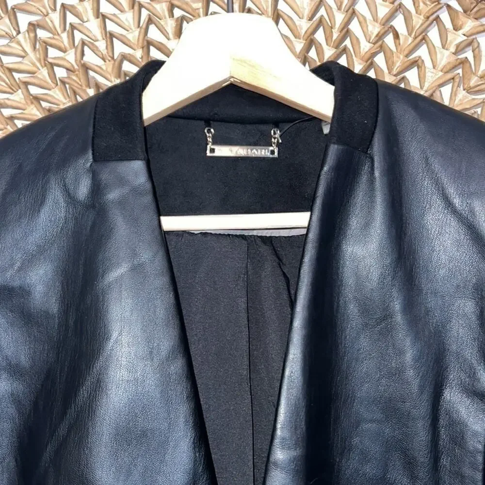 Tahari black faux leather woman’s open front jacket size 4